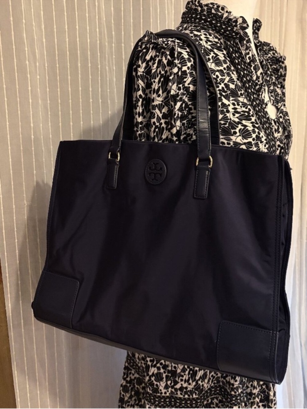 Tory Burch Midnight Navy Nylon Tote with Logo Medallion